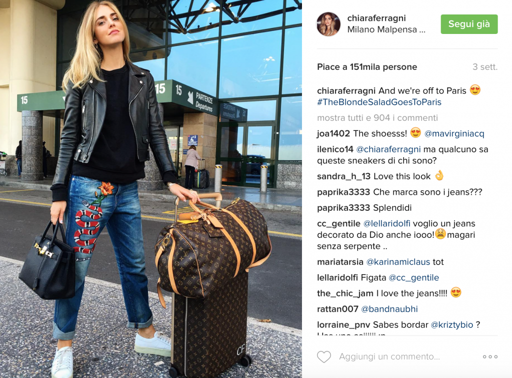 Chiara Ferragni Louis Vuitton travel bag air port style denim