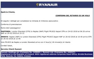 comunicazione ritardo volo Ryanair di 5 ore